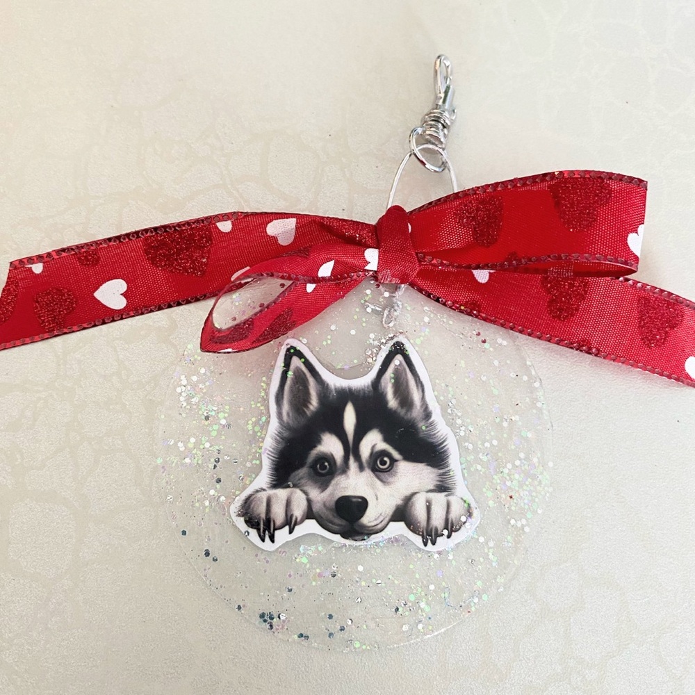 Husky Dog Glitter Ornament with Red Heart Bow or keychain